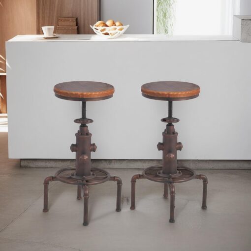 Topower Antique Vintage Industrial Barstool Solid Wood Water Pipe Fire Hydrant Design Cafe Coffee Industrial Bar Stool Set of 2 Red Bronze - Image 6
