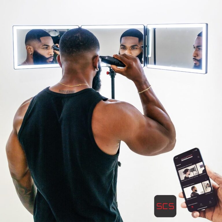 Self-Cut System Angel Lights Tripod 3-Way Mirror – Height Adjustable Trifold Barber Mirror to Cut Your Own Hair – Includes Attachable Clipper & Trimmer Tray - Image 2