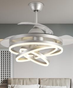 Zenouidle 42" Retractable Ceiling Fan with Lights and Remote,Invisible LED Rings Fandeliers Modern Chandelier Ceiling Fans with 3 Color 6 Speed for Kitchen Bedroom（Chrome）