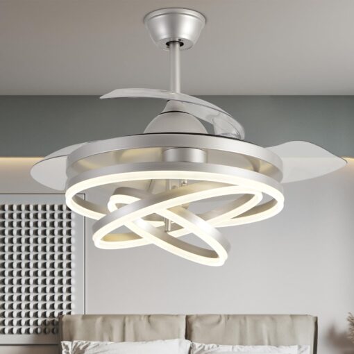 Zenouidle 42" Retractable Ceiling Fan with Lights and Remote,Invisible LED Rings Fandeliers Modern Chandelier Ceiling Fans with 3 Color 6 Speed for Kitchen Bedroom（Chrome）