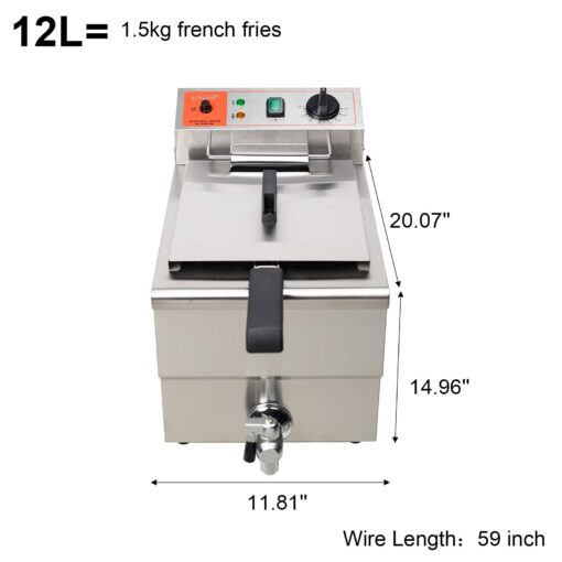 Valgus 1750W Stainless Steel Electric Deep Fryer 12L Large Capacity Countertop Kitchen Frying Machine with Basket & Lid, Drain System - Image 7