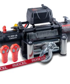 RUGCEL WINCH 12000lb 12V Truck Waterproof Electric Black Steel Rope Electric Winch with Roller Fairlead,Wired Handle,2 Infrared Remote Control,Jeep Trailer Winch