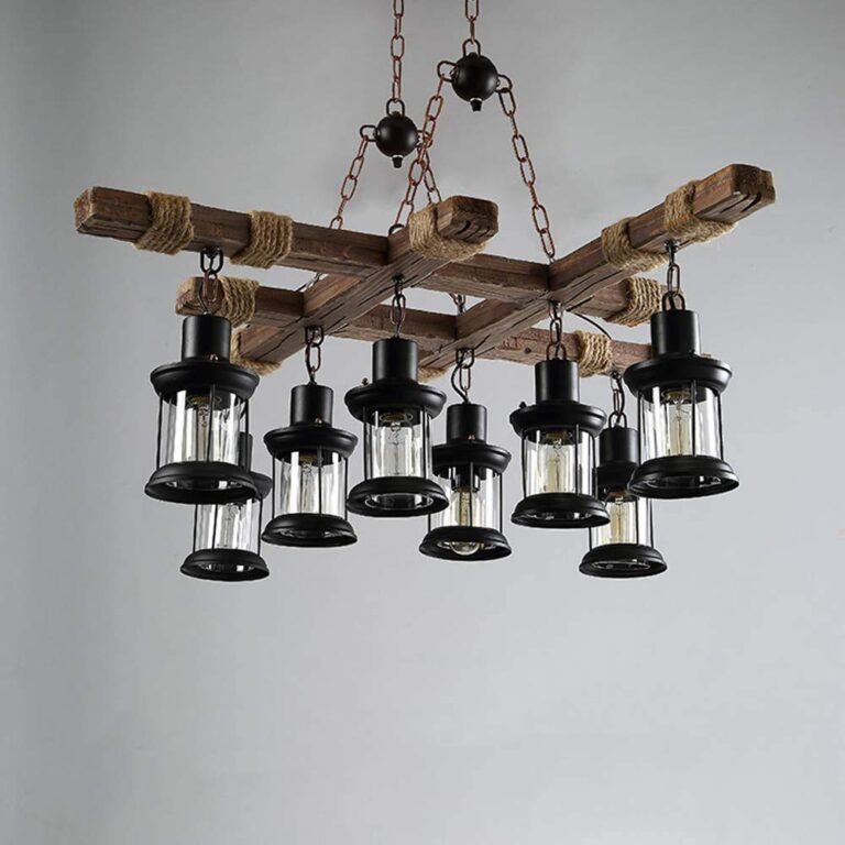 8 Lights Industrial Wooden Hanging Lighting Black Metal Chandelier Farmhouse Vintage Pendant Lamp Glass Lampshade for Pool Table Kitchen Island Bar Retro Ceiling Light Height Adjustable Fixture - Image 5
