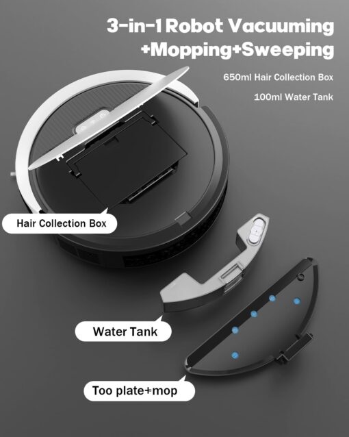 Pureatic V3 2 in 1 Robot Vacuum and Mop Combo，5000Pa Suction, Schedule Cleaning, Smart Mapping with 2.4G WiFi/Alexa/App/Remote Control, Automatic Self-Charging, Ideal for Pet Hair, Hard Floor - Image 7