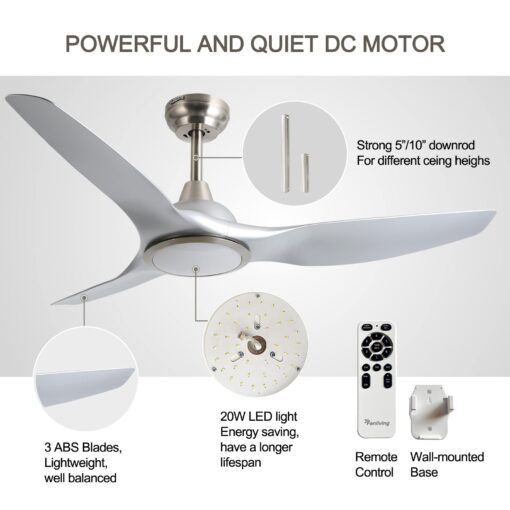 Fanliving 52 Inch Quiet DC Motor Ceiling Fan with Light Remote Control, Indoor 3 Blade Silver Modern Ceiling Fan for Bedroom Living Room Porch - Image 4