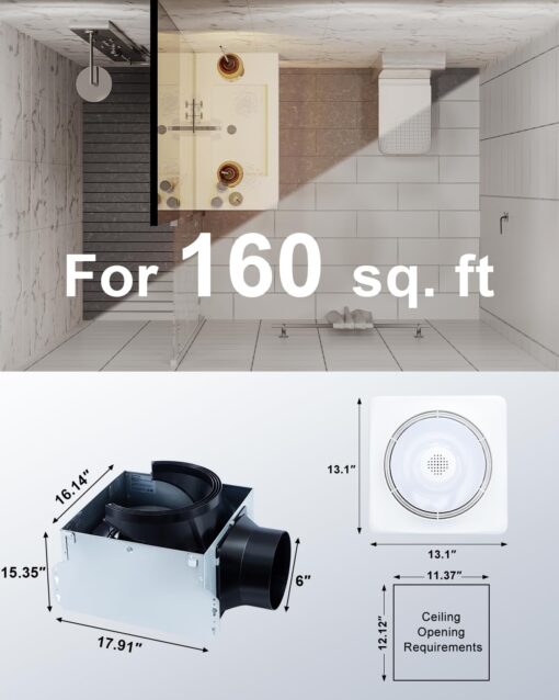 GROWNEER Bathroom Fan with Bluetooth Speaker, 110/160 CFM 1.0 Sone Bathroom Exhaust Fan with Heater, Exhaust Fan with Light & Remote, 9 RGB Modes, 1500lm 3 Color Temperature & Nightlight, EZ Install - Image 4