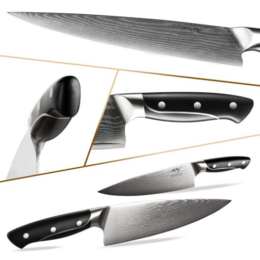 Damascus Kitchen Knife Sets, 9 Pieces Kitchen Knives Set with Block, ABS Ergonomic Handle for Chef Knife Set, Knife Sharpener and Kitchen Shears, Knife Block Set - Image 8