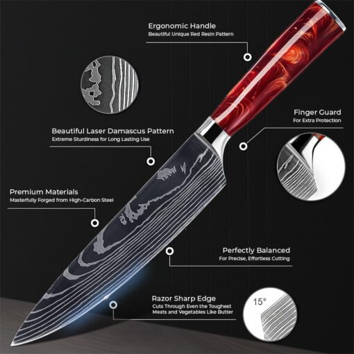 SENKEN 16-Piece Natural Acacia Wood Kitchen Knife Block Set - Japanese Chef's Knife Set with Laser Damascus Pattern, Includes Steak Knives, Kitchen Shears, Santoku, Cleaver & More (Red Resin Handles) - Image 5