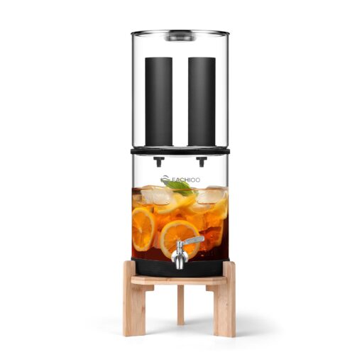 FACHIOO Gravity-Fed Water Filter System, 2.25G Glass Countertop System with 2 Black Purification Filter, Metal Spigot and Stand, NSF/ANSI 42 Certification, Reduces up to 99% of Chlorine