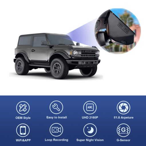 Fitcamx 4K Dash Cam Suitable for Ford Bronco 2021-2024 & Rapor (Not for Bronco Sport) HD2-14873, OEM Look, UHD 2160P Video, Built-in WiFi & APP, Loop Recording, G-Sensor, Plug & Play, 64GB Card - Image 5