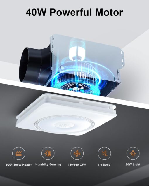 GROWNEER Bathroom Exhaust Fan with Light and Heater, 40W Bathroom Fan with Humidity Sensor, 110/160 CFM 1.0 Sone Exhaust Fan with Light, 1500lm LED Light 2700K/4000K/5000K & Nightlight, Remote - Image 3