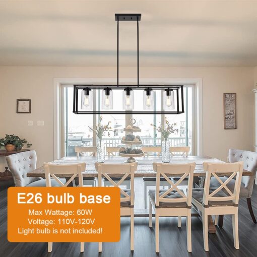 VINLUZ Farmhouse Chandeliers Rectangle Black 5 Light Dining Room Lighting Fixtures Hanging, Kitchen Island Cage Pendant Lights Contemporary Modern Ceiling Light with Glass Shade Adjustable Rods - Image 7