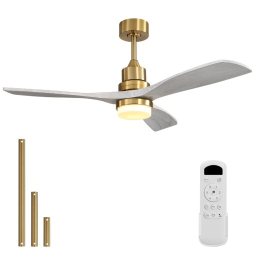 Sofucor Low Profile Ceiling Fan With Lights Remote Control 52 Inch Flush Mount Ceiling Fan Modern Wood Blade Fan For Bedroom Living Room Indoor Outdoor Farmhouse Patio, Grey Gold