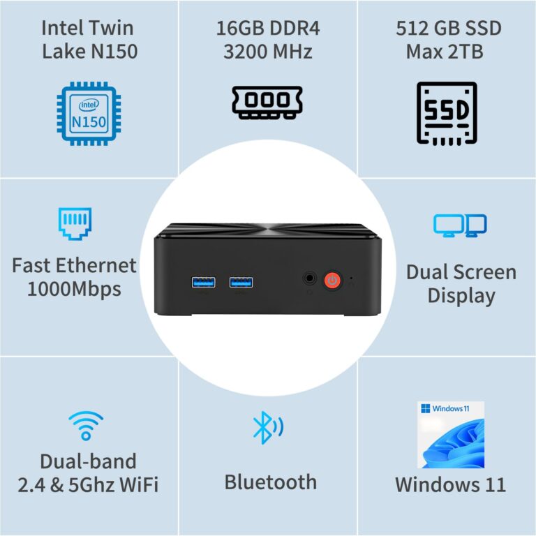 Mini PC, Intel Twin Lake N150 (Upgraded N100, up to 3.6GHz) 16GB DDR4 RAM 512GB M.2 SSD, Mini Desktop Computers Windows 11, 4K Dual Display/USB3.2/WiFi 5/RJ45/BT 5.1/Micro PC for Home Office Business - Image 7