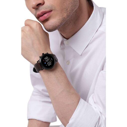Fossil 44mm Gen 5 Carlyle Stainless Steel and Leather Touchscreen Smart Watch, Color: Black, Brown (Model: FTW4026) - Image 2