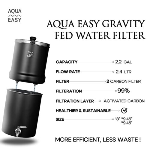 AquaEasy Stainless Steel Gravity Water Filter System (2.25 Gallon) with 2X Activated Carbon Filter, Stainless Steel Tap and Stand | Countertop Water Filtration System (Matte) - Image 3