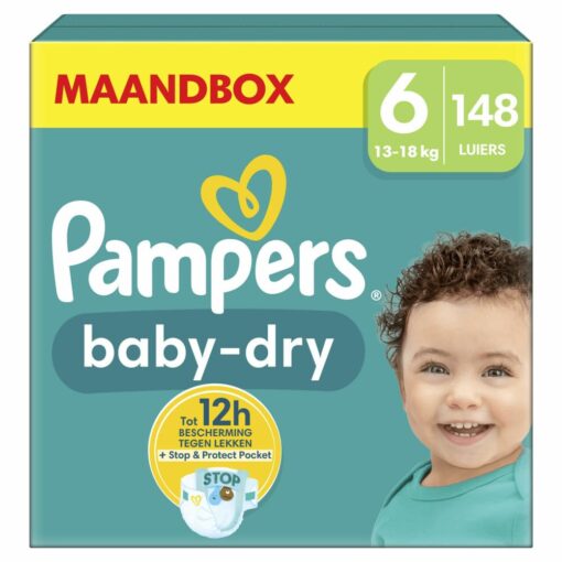 Pampers Baby-Dry Size 6, 148 Diapers, 13kg - 18kg, with A Stop & Protect Pocket at The Back That Provides Up to 100% Protection Against Leaks at Night