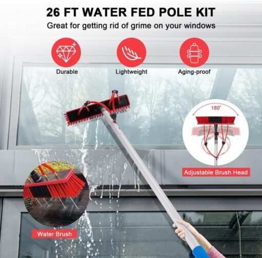 ZKUAOGDI 26 FT Solar Panel Cleaning Kit, Window Cleaning System, 20M Hose & Rotating BrushHead, Washing Equipment Window Cleaner Tool Water Fed Pole Kit for Roof Caravan Solar Panel - Image 9
