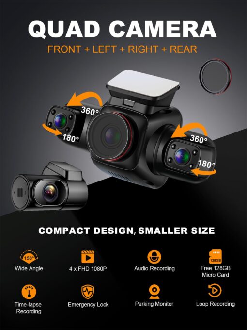 PRUVEEO 360 Degree View 4 Channel Dash Cam Front and Rear Inside Left Right, Dash Camera for Cars with CPL, Built-in GPS WiFi Night Vision, 24/7 Recording Parking Mode Monitor, Free 128G Card - Image 7