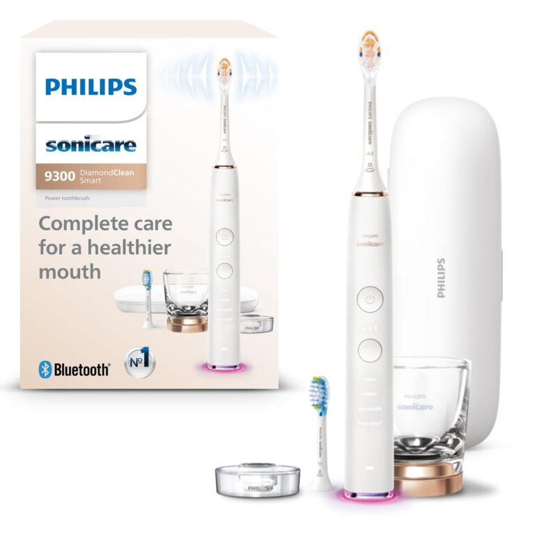 Philips Sonicare DiamondClean Smart 9300 Electric Toothbrush, Sonic Toothbrush with App, Pressure Sensor, Brush Head Detection, 4 Brushing Modes and 3 Intensity Levels, Rosegold, Model HX9903/65