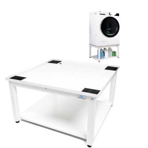 EZ Laundry - Laundry Pedestal for Washer/Dryer, 27" Anti-Vibration Steel Stand with Adjustable Feet Elevates 16", Includes Drain Pan & Hose (White)