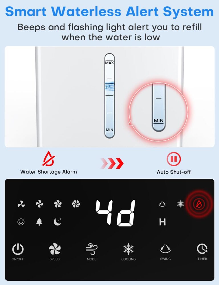 COOLECH 4-IN-1 Portable Air Conditioners w/3.2-Gal Tank for 24H Cooling, 4 Powerful Wind Speeds & 4 Modes, LED Touch Screen, Waterless Alert System & 12H Timer, Remote, Evaporative Air Cooler for Home - Image 6