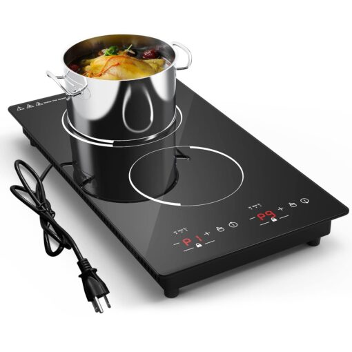 Double Induction Cooktop, 2 Burners Induction Cooktop 110v, 12 inch Portable Electric Stove Top, Countertop and Built-in Plug in,9 Power Levels, Child Lock,120 Mins Timer