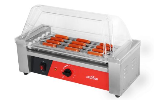 CROSSON 12 Hot Dog 5 Roller Grill Machine with Transparent Sneeze Guard,5 Nonstick 304SS Rollers Commercial Hot Dog Cooker Machine-120V, 750W