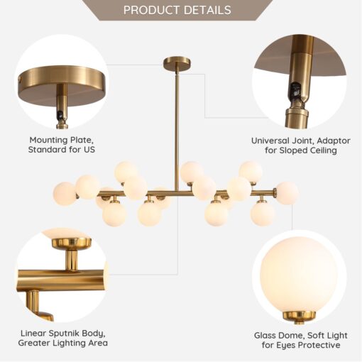 7PMBEANE Mid Century Modern Chandelier Over Table, 16-Light Globe Sputnik Chandelier Brass Pendant Lighting Fixture Hanging Ceiling Light for Dining Room, Kitchen Island - Image 8