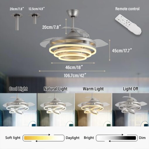 Zenouidle 42" Retractable Ceiling Fan with Lights and Remote,Invisible LED Rings Fandeliers Modern Chandelier Ceiling Fans with 3 Color 6 Speed for Kitchen Bedroom（Chrome） - Image 7