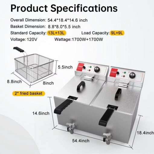 Valgus Dual Tanks Commercial Deep Fryer Electric 1700W 120V 26L Large Capacity Stainless Steel Countertop Kitchen Frying Machine with Basket & Lid, Drain System for Home Kitchen and Restaurant - Image 7