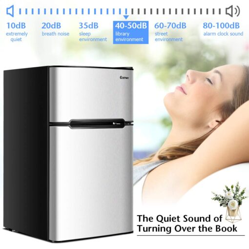 COSTWAY Compact Refrigerator, 3.2 cu ft. Unit 2-Door Mini Freezer Cooler Fridge with Reversible Door, Removable Glass Shelves, Mechanical Control, Recessed Handle for Dorm, Office, Apartment (Grey) - Image 4