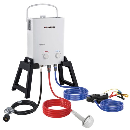 CAMPLUX Portable Tankless Water Heater, 1.32 GPM Outdoor Camping Propane Gas Water Heater Pump w/Free-standing Stand and Carry Bag, AY132Max, White