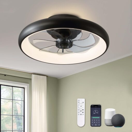 LUDOMIDE Modern Black 20" Flush Mount Ceiling Fan with Lights, 6 Wind Speeds, LED, Bedroom, Kitchen