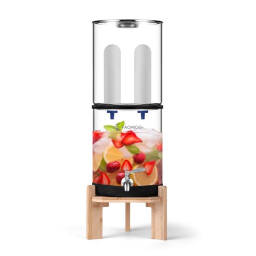 FACHIOO Gravity-Fed Water Filter System, 2.25G Glass Countertop System with 2 Ceramics Fluoride and Arsenic Reduction Elements, Metal Spigot, and Stand, Reduces Fluoride and Chlorine