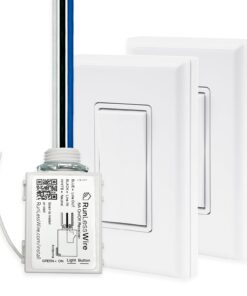 RunLessWire 3-Way Remote Light Switch Kit Wireless Battery-Free Self-Powered Kinetic DIY Wall Switch 150ft RF Range - 3 Way: 1 On/Off Receiver, 2 Switches - White