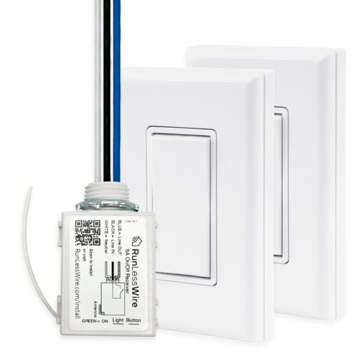 RunLessWire 3-Way Remote Light Switch Kit Wireless Battery-Free Self-Powered Kinetic DIY Wall Switch 150ft RF Range - 3 Way: 1 On/Off Receiver, 2 Switches - White
