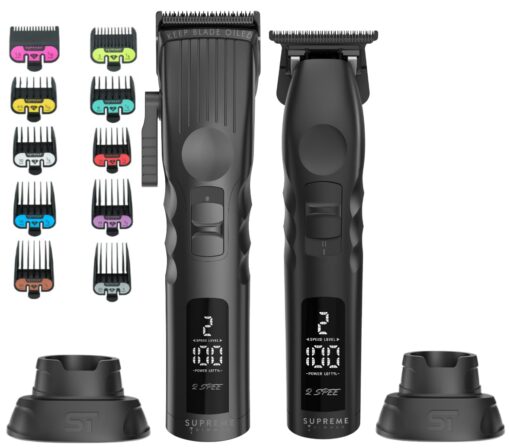 Supreme Trimmer 2-in-1 2Spee Beard Trimmer & Hair Clipper Combo | Removable Blades, 2 Speeds, LCD Display | Cordless Professional Barber Tools - Easy Color Coded Clipper Guide Combs | STB280 (Black)