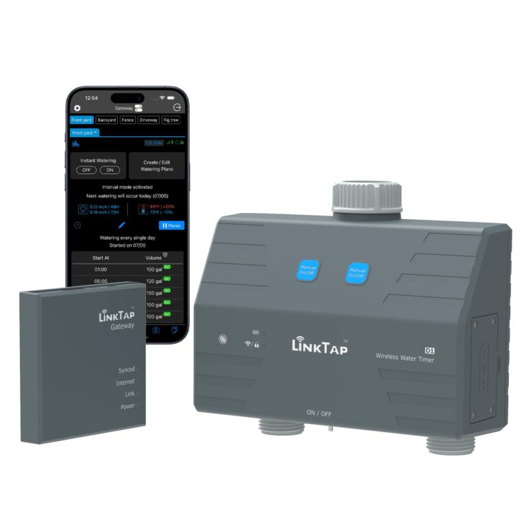 LinkTap D1 Smart Hose Timer & Gateway, 2 Zone Irrigation by Duration/Weather/Volume, Intelligent Fault Detection & Alerts, Wider Range Than WiFi Water Timer, Scalable Mesh Network via Extender