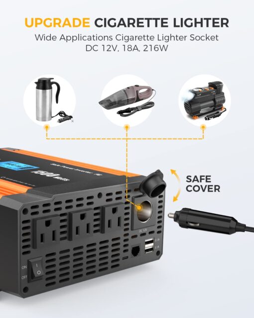 Ampeak 1500W Power Inverter 6.2A Dual USB Ports 3AC Outlets Inverter DC 12V to AC 110V Cigarette Lighter Port 17 Protections for Outdoor Activities, Emergency, RV - Image 3