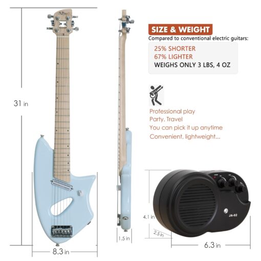 Aliyes Ultra Light Electric Guitar for Adult,Full 24 3/4" Scale for Travel and Practice,Portable Small Size Guitar Featherlight,Solid Wood,All Accessories (Ice Blue) - Image 4