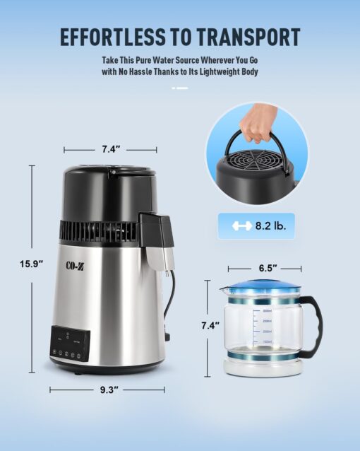 CO-Z 1.1 Gallon Water Distiller, 1750W Countertop Distilled Water Machine with Glass Container Dual Temperature Display Timer, 4L 304 Stainless Steel Distilled Water Maker for Home Office Travel More - Image 4