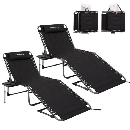 KingCamp Oversize Padded Folding Chaise Lounge Chair for Outdoor, Patio, Beach,Lawn, Sunbathing, Tanning Reclining Chairs with Pillow & Side Table（2 Pack, Black）