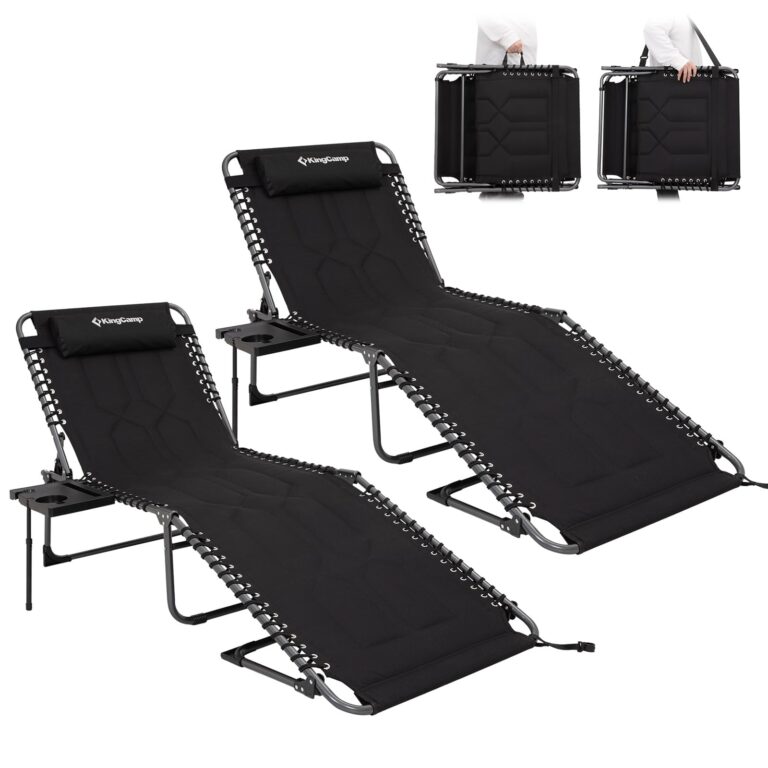 KingCamp Oversize Padded Folding Chaise Lounge Chair for Outdoor, Patio, Beach,Lawn, Sunbathing, Tanning Reclining Chairs with Pillow & Side Table（2 Pack, Black）