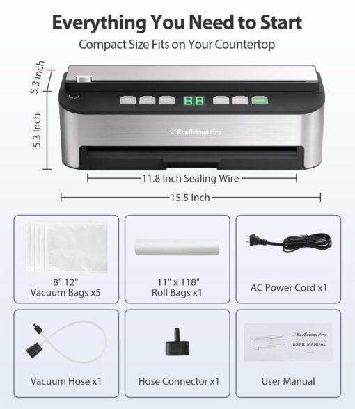 Vacuum Sealer Machine, Beelicious 85KPA Fully Automatic 8-IN-1 Food Sealer with Bags Storage, Build-in Cutter, Moist Mode and Air Suction Hose | Digital Countdown | Sous Vide - Image 3