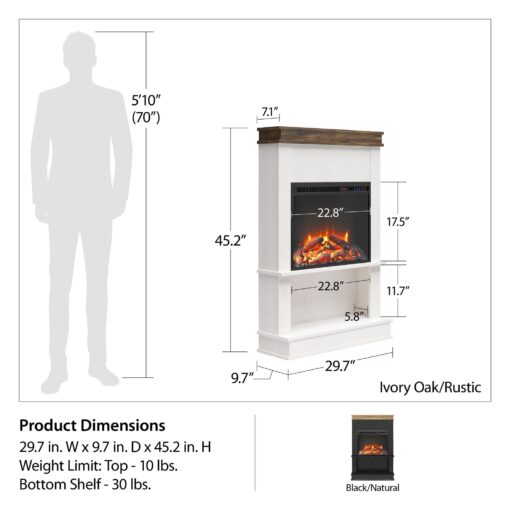 Ameriwood Home Mateo 30 Inch Electric Fireplace with Mantel and Shelf, Replaceable Fireplace Insert Heater, Freestanding, Remote Control, Timer, Realistic Log and Flame Effect, Black - Image 6