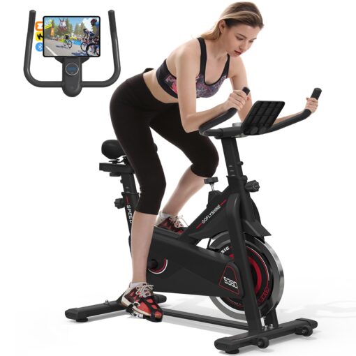 GOFLYSHINE Exercise Bike, Stationary Bike Stationary Indoor Cycling Bike for Home Cardio Gym 300lbs Weight Capacity, Workout Bike with Heavy Flywheel, Seat Cushion, LCD Monitor, Optoelectronic Heart Rate Monitoring, Heavy Duty Steel Frame,Silent Belt Driv