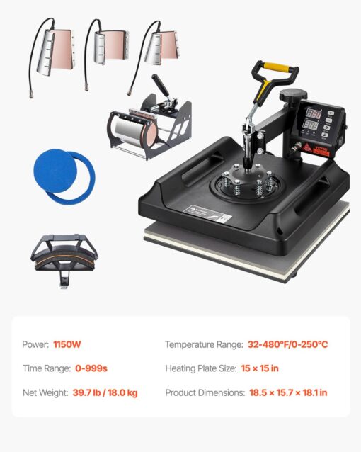 VEVOR 8 in 1 Heat Press Machine 15x15 Inch, 360° Swing Away Tshirt Press, Digital Professional Sublimation Heat Transfer for T Shirts Hat Cap Mug Plate - Image 4