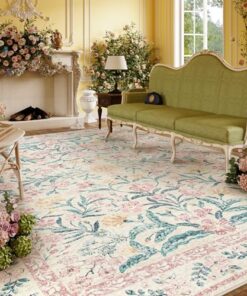 Lahome Large Rugs for Living Room,Boho Machine Washable Area Rugs 8x10,Ultra-Thin Floral Rug Non Slip,Vintage Distressed Soft Carpet for Bedroom Office Dining Room,Pink/Multi