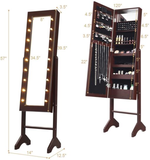 Giantex Standing Jewelry Armoire with 18 LED Lights Around the Door, Large Storage Mirrored Jewelry Cabinet with Full Length Mirror, 16 Lipstick Holders, 1 Inside Makeup Mirror (Brown) - Image 4